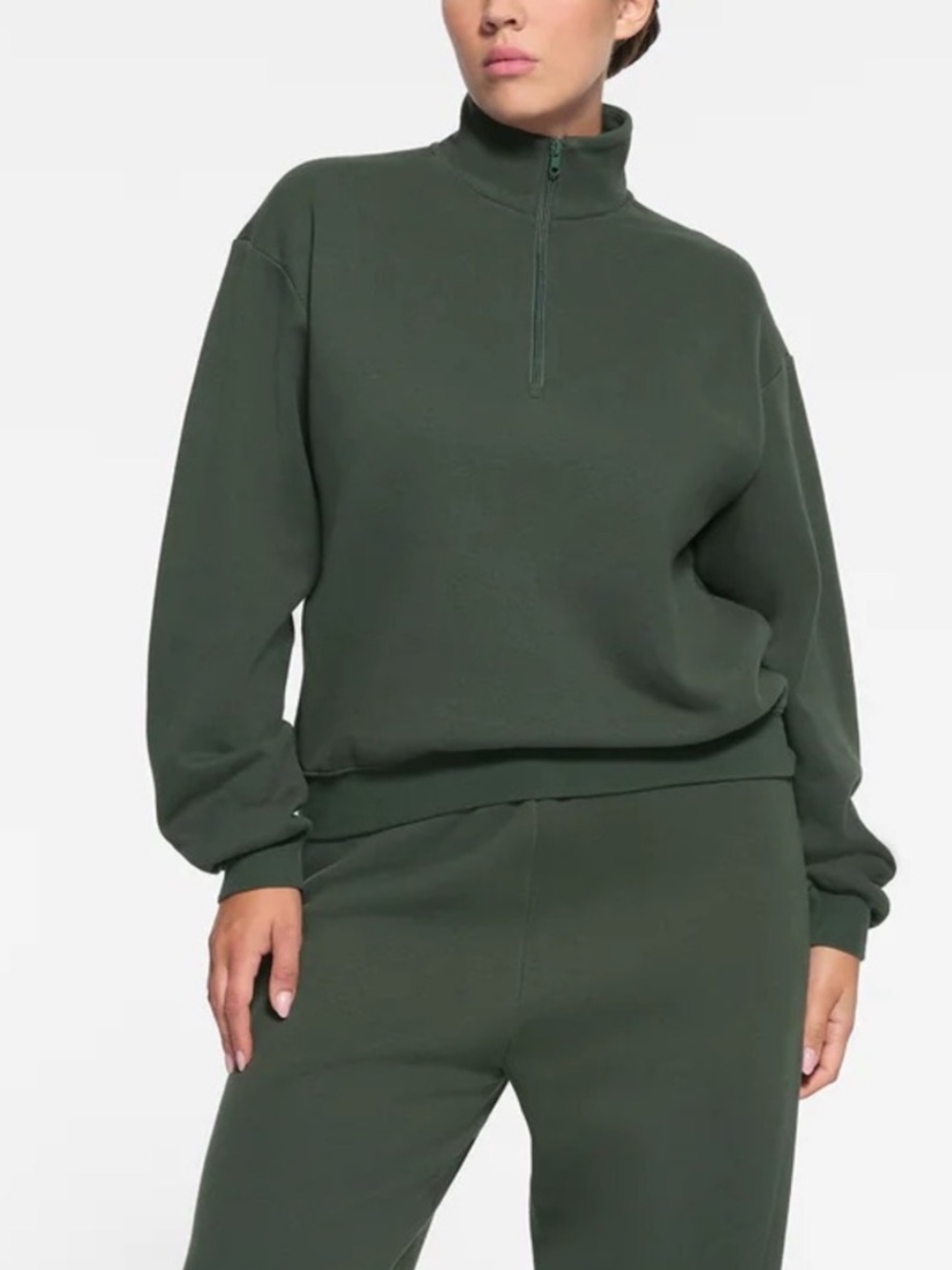 SKIMS Cotton Fleece Classic Half Zip Mock Neck Pullover Sweatshirt M Dark Green